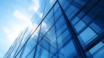 Obraz premium Modern glass building facade reflecting blue sky and clouds, low angle view showcasing architectural details and geometric patterns. : Generative AI