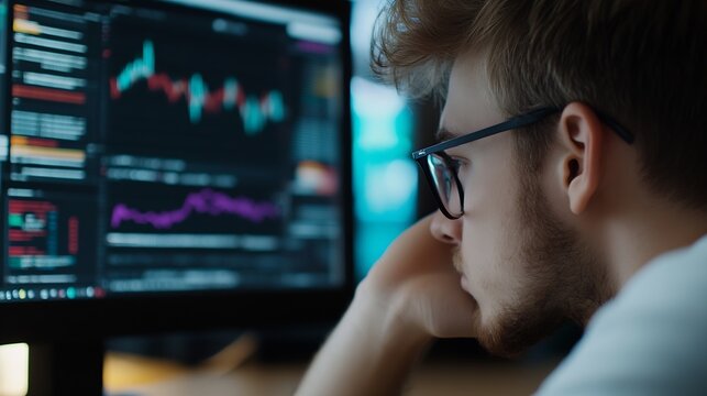 Focused young man in glasses analyzes stock market data displayed on a large computer screen, showing intense concentration and deep thought during late-night trading session. : Generative AI