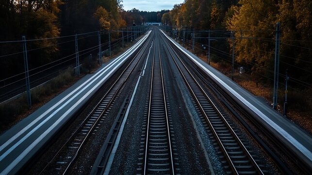 Elevated view of train tracks receding into autumnal forest, showcasing parallel lines and platforms, conveying a sense of journey and tranquility. : Generative AI