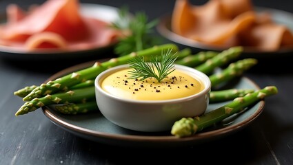 This healthy green asparagus dish presents as a gourmet soup with a creamy sauce, ideal as a fresh vegetable appetizer or a light lunch meal