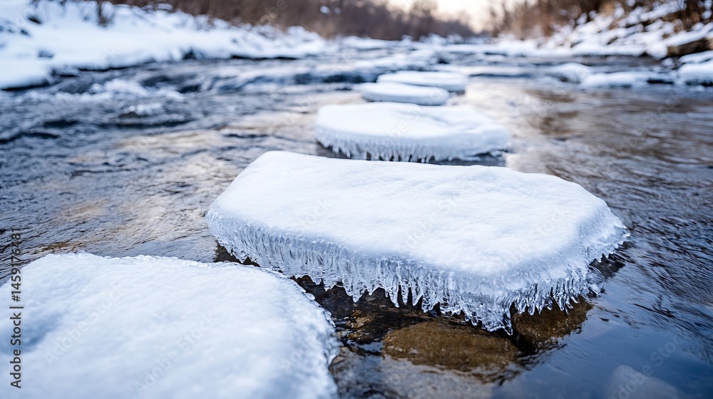 Poster icy stepping stones in a winter stream, snow-covered rocks partially submerged in flowing water, cre