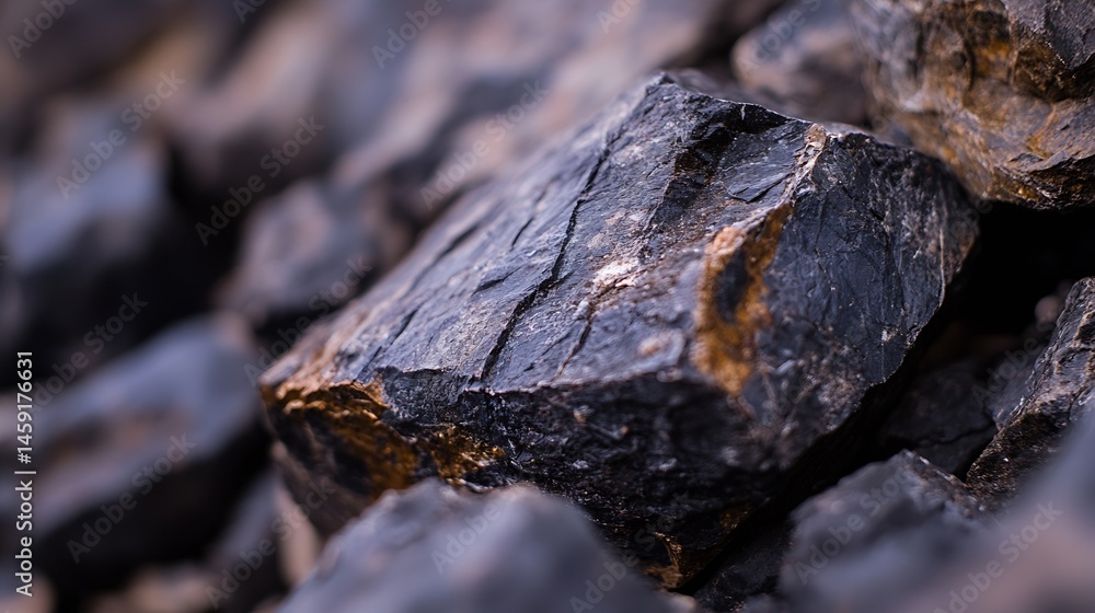 Aufkleber close-up view of a dark, rough-textured rock, showing intricate details and subtle golden veins with