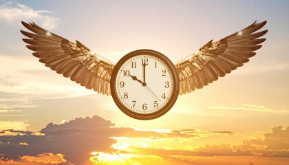 Time Flies: A metaphorical depiction of time's swift passage, represented by a clock with majestic wings soaring against a radiant sunset sky.
