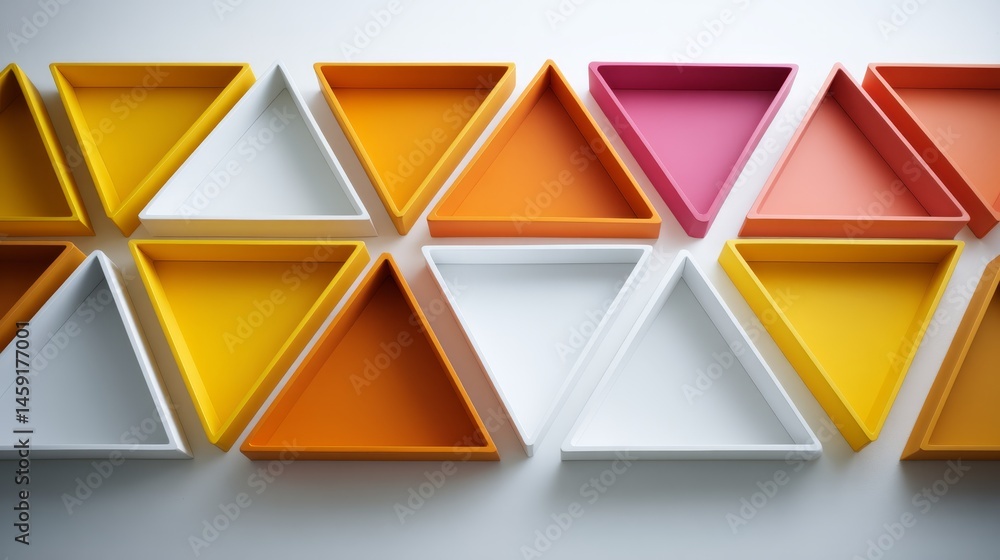 Poster Vibrant triangular prisms in various neon shades create a dynamic, tessellated pattern on a clean surface, offering a fresh and modern aesthetic with ample copy space