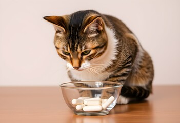 A photorealistic image, pet cat and a bowl of pills. Vitamins and medicines for animals.