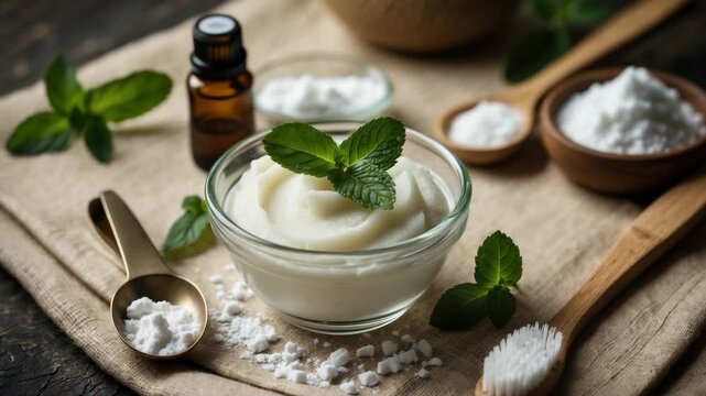 Organic toothpaste, bamboo brush, and ingredients like baking soda, coconut oil, mint essential oil, and cosmetics.