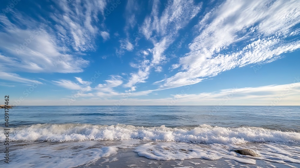 Poster serene coastal scene featuring gentle waves lapping a sandy shore under a vast, blue sky adorned wit