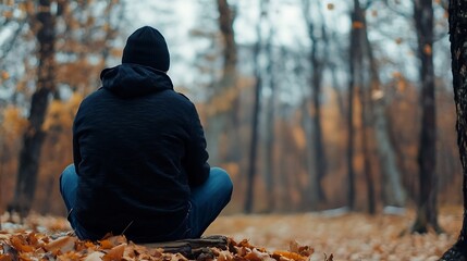 A lone person sits cross-legged on a log in an autumnal forest, contemplating the serene, colorful landscape. : Generative AI