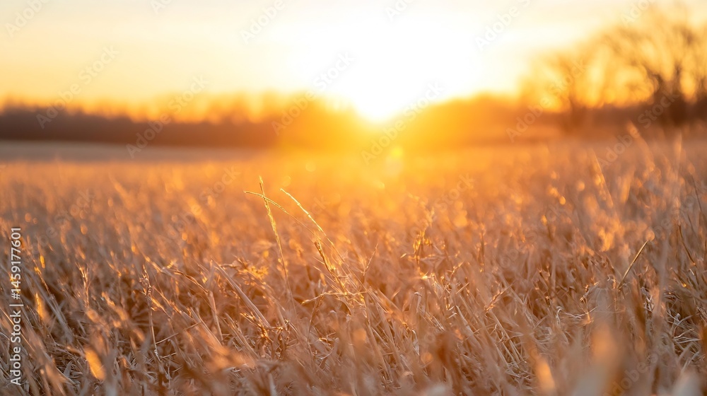 Fototapete Golden hour sunlight illuminates tall grass in a field, creating a warm and peaceful atmosphere.  The sun sets behind a distant horizon, casting a beautiful glow. : Generative AI