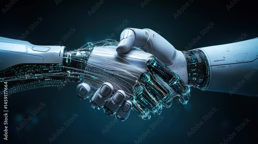 Poster a robotic handshake signifies cooperation and advancements in technology and artificial intelligence