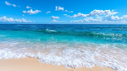 Tranquil Beach Scene Turquoise Waters and White Sand Under a Blue Sky
