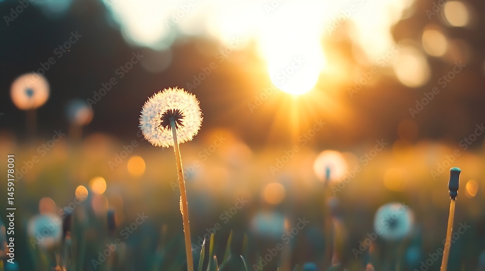 Poster golden hour sunset illuminates a field of dandelions, one in sharp focus, others blurred, creating a