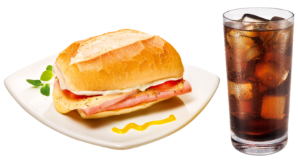 sanduíche de presunto e queijo acompanhado de copo de refrigerante gelado isolado em fundo transparente