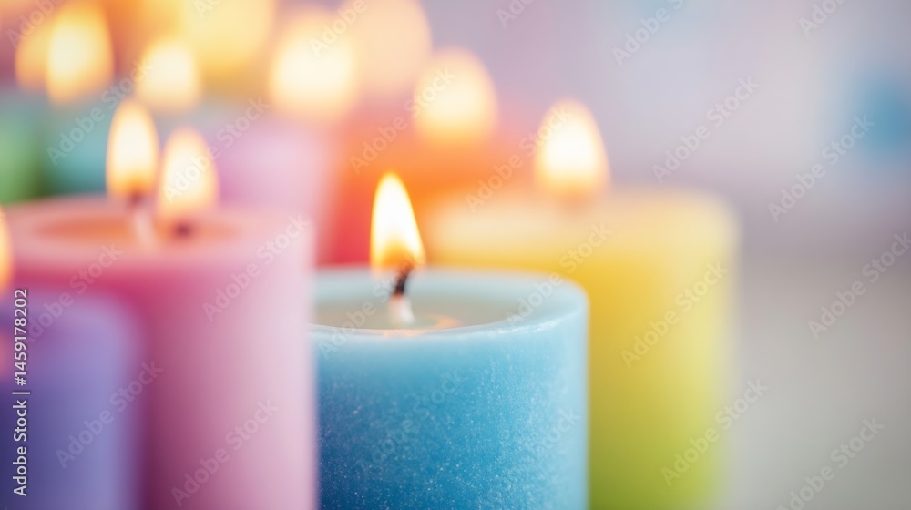 Aufkleber close-up of several pastel-colored candles burning brightly, creating a serene and calming atmospher