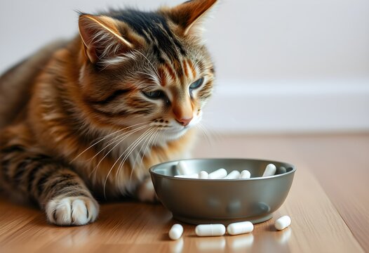 A photorealistic image, pet cat and a bowl of pills. Vitamins and medicines for animals.