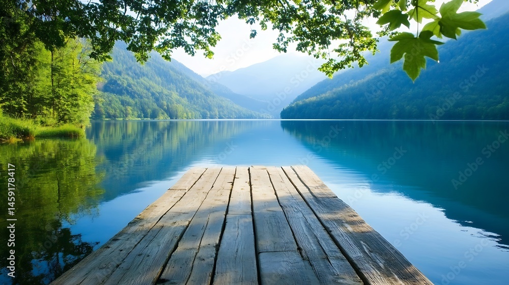 Aufkleber serene mountain lake scene with wooden dock extending into calm, turquoise water, surrounded by lush