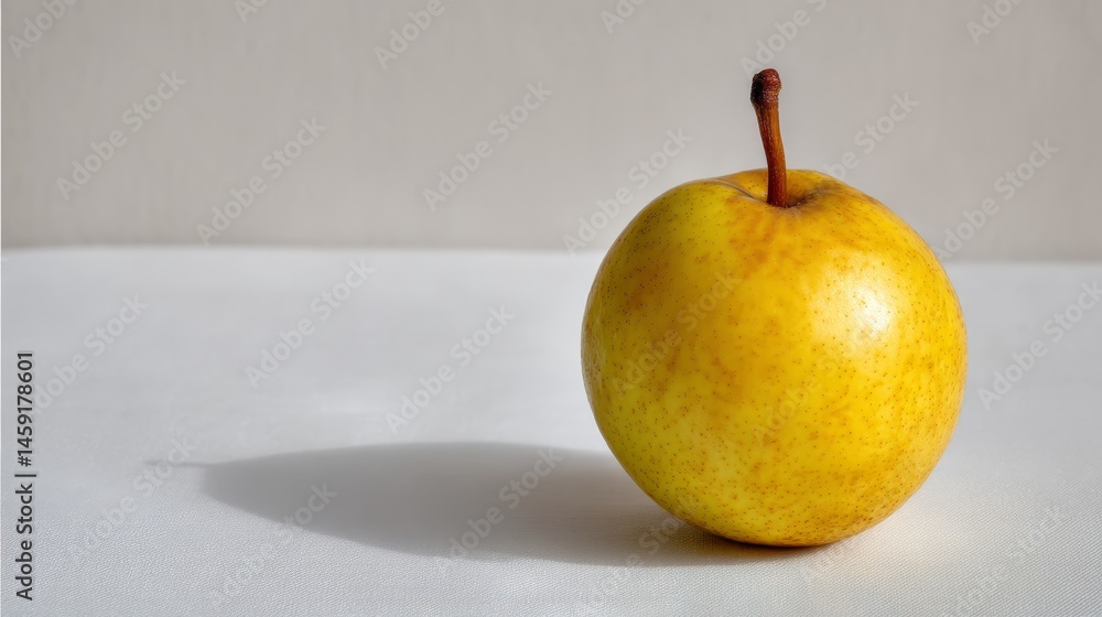 Poster a single golden pear sits on a clean white surface, showcasing its vibrant color and soft shadow, il