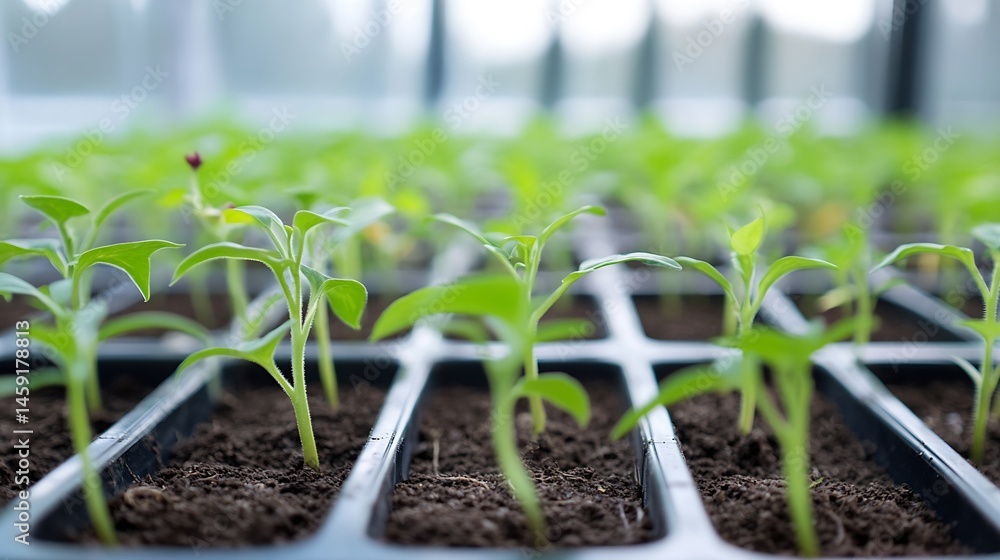 Poster close-up view of vibrant green seedlings sprouting from rich dark soil in individual compartments of