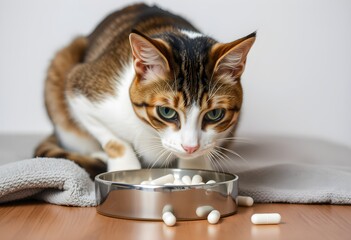 A photorealistic image, pet cat and a bowl of pills. Vitamins and medicines for animals.