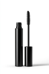 Obraz premium A sleek black mascara tube and wand, isolated on a white background, showcasing its elegant design and high-quality finish. The product is ready for use and application.
