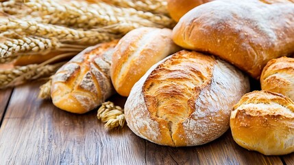 Fototapeta premium Artisan loaves of sourdough bread, golden crusts, and wheat stalks on rustic wooden table. A delicious bakery still life image. : Generative AI
