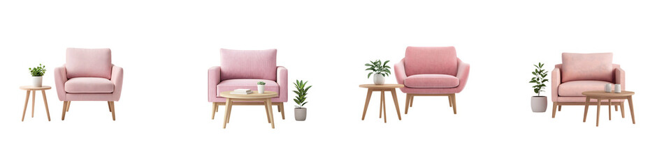 Cozy minimalist living room decor with pink chairs and wooden accents.