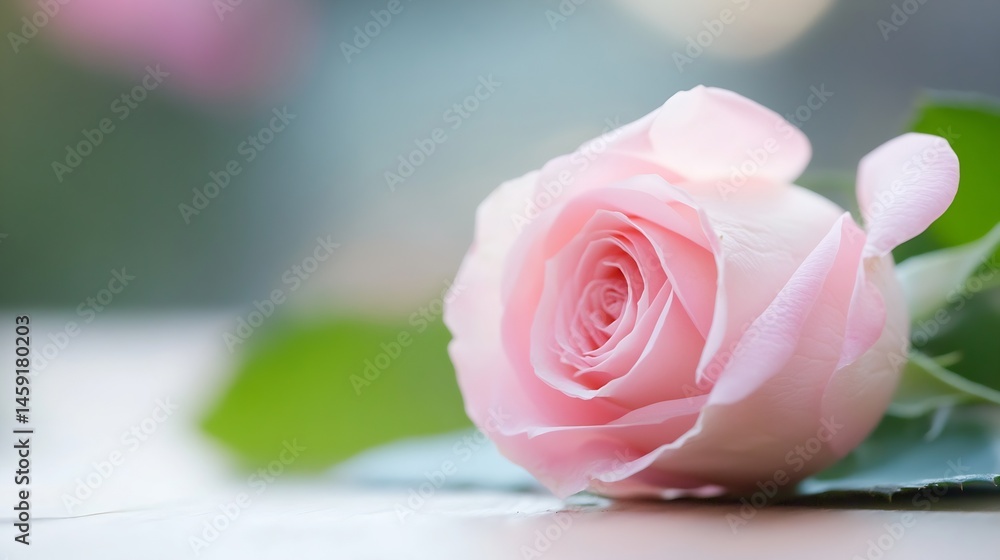 Poster close-up of a delicate pink rose resting on a light surface, petals softly unfurling, showcasing its