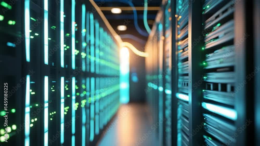 Poster universal background image for data internet concept presentation, showcasing a blurred server room