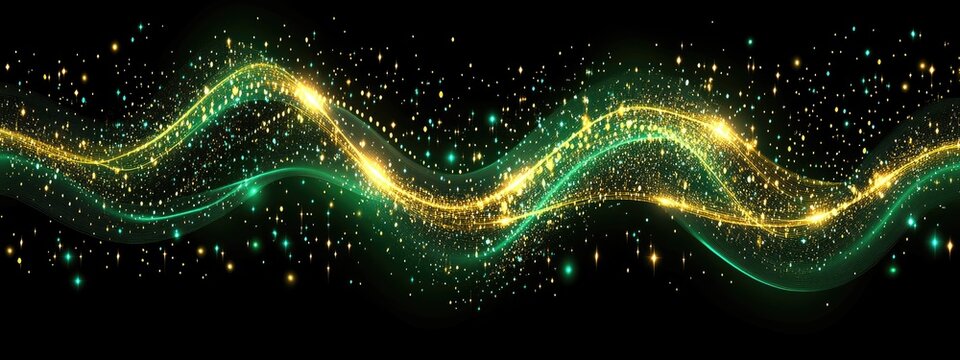 Abstract wavy lines of shimmering gold and emerald green particles against a black background