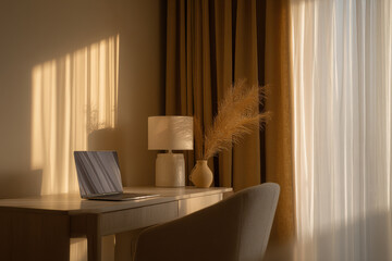cozy and stylish home office setup featuring comfortable desk ergonomic chair and warm lighting