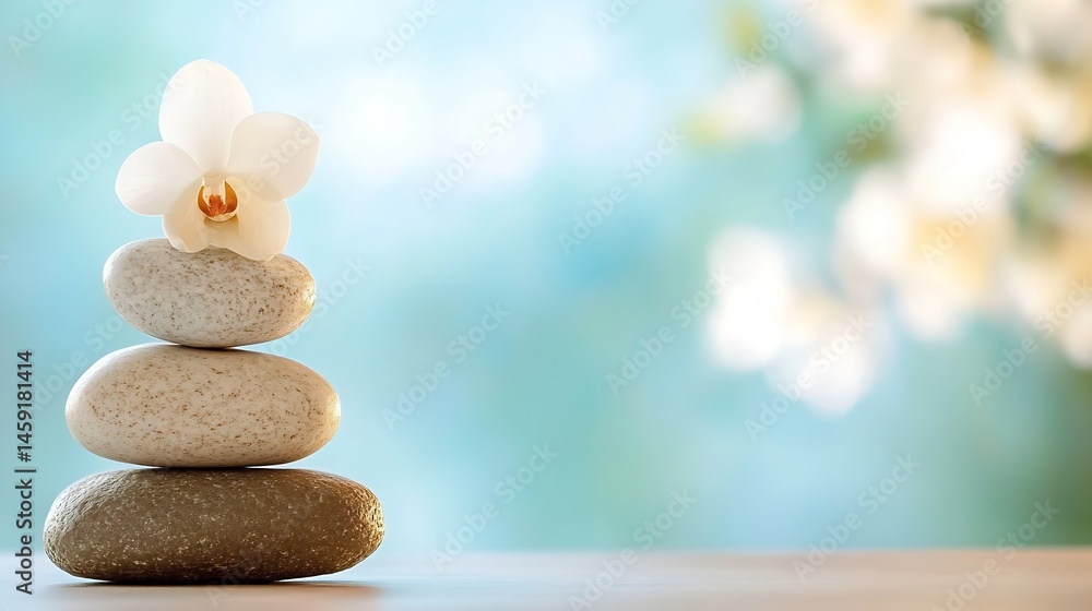 Poster serene spa scene: a white orchid rests atop a balanced stack of three smooth, grey stones against a 