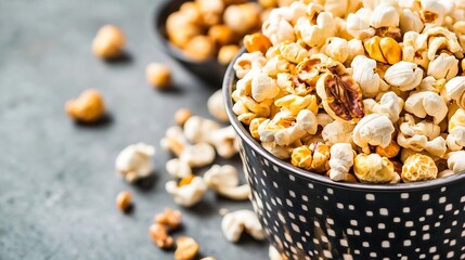 A black and white patterned bowl overflowing with freshly popped popcorn, some kernels golden brown, others fluffy white, sits on a dark grey surface with scattered kernels nearby. : Generative AI