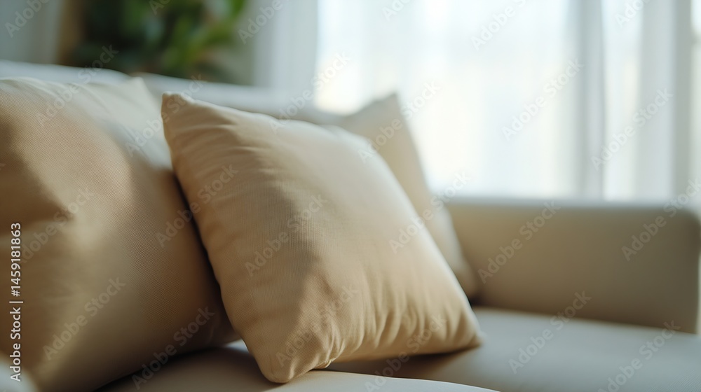 Aufkleber Two beige pillows rest on a light-colored couch, positioned near a bright window, creating a serene and calming home interior scene. : Generative AI