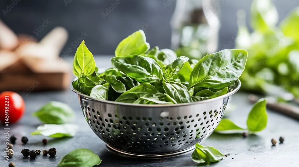 Poster fresh green basil leaves in a metal colander, close-up view with peppercorns and a blurred tomato in