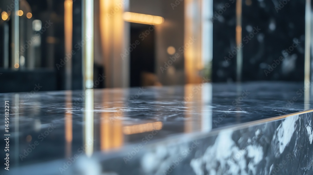 Aufkleber Close-up view of a polished dark marble surface reflecting blurred interior lights and modern architecture details, creating a sleek and luxurious ambiance. : Generative AI