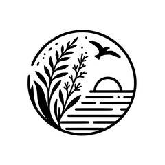 Coastal Scene Line Art Circle Illustration