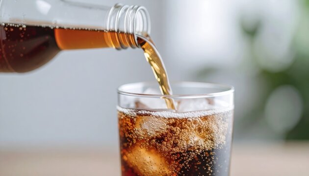 Refreshing Brown Soda Pouring into Glass with Ice Cubes Close Up Shot