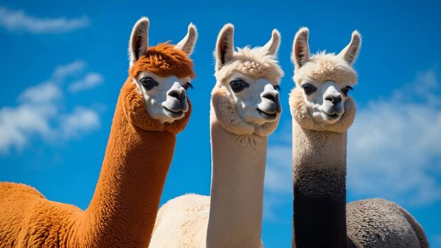 A trio of alpacas in front of a setting.