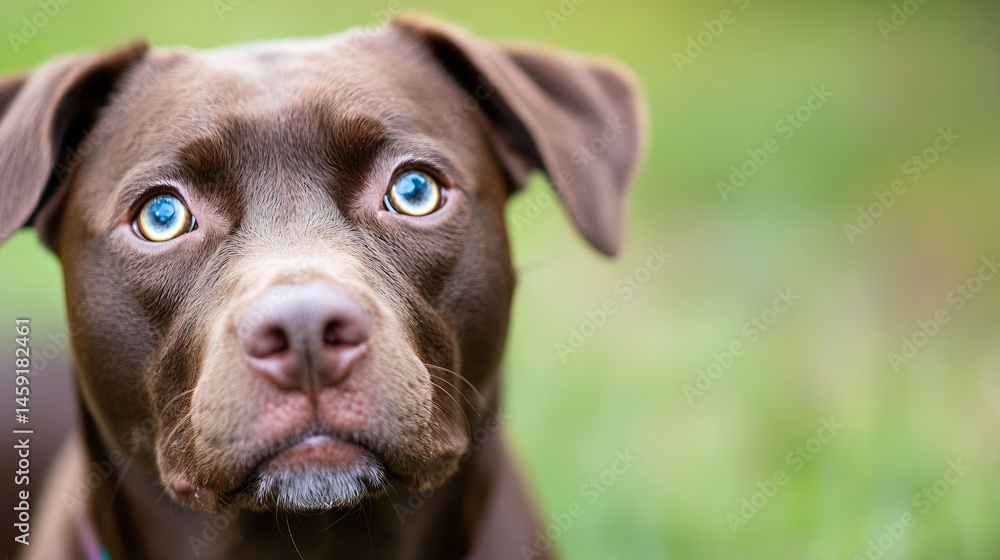 Poster close-up portrait of a brown dog with striking blue eyes, looking directly at the camera. the dog's 
