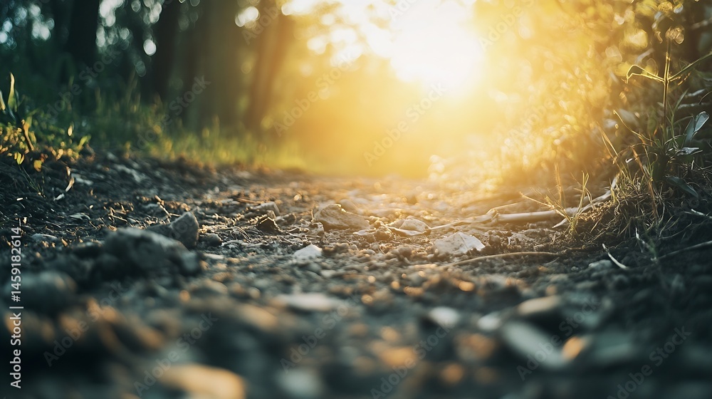 Aufkleber sunlit forest path: close-up view of a dirt trail in a sun-dappled forest, showing small rocks, twig
