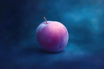 A single, ripe plum rests on a dark blue background, showcasing its vibrant purple hue and delicate texture.