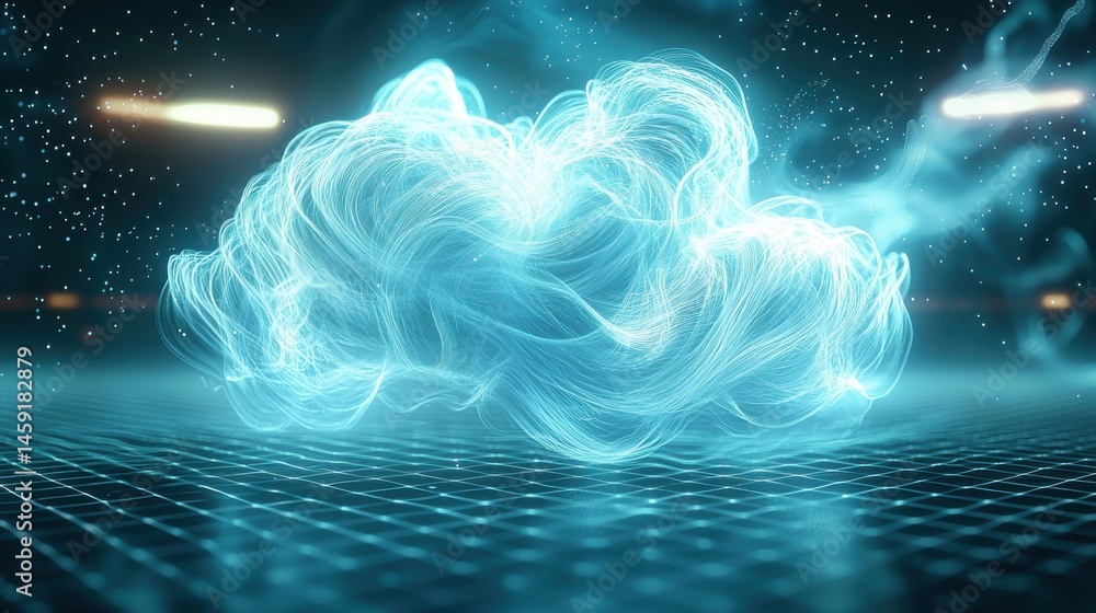 Poster glowing, abstract cloud floats above a grid, depicting futuristic data and technological concepts.