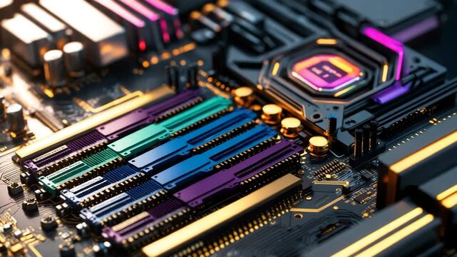 Motherboard background featuring computer memory RAM, close up of system main memory, onboard random access memory, computer detail, DDR3, DDR4, DDR5