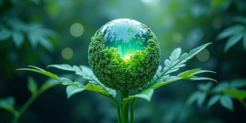 Green plant with water droplets on stem or Water droplet covered plant in forest