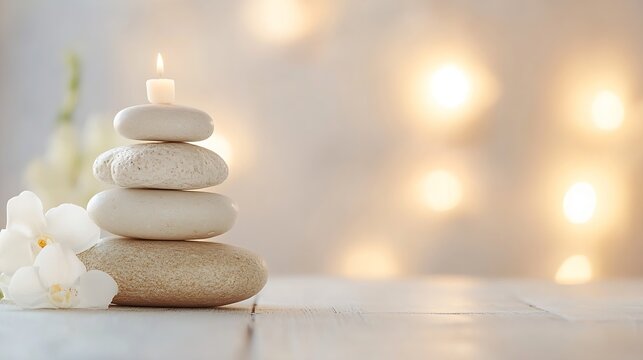 Serene spa scene: a lit candle rests atop a stack of smooth, light beige stones, complemented by delicate white orchids, all set against a softly blurred, warm-toned background. : Generative AI - Powered by Adobe