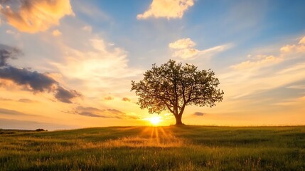 Fototapeta premium Solitary tree silhouetted against a vibrant sunset, casting long shadows on a grassy field, bathed in warm golden light. : Generative AI