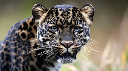 Naklejka premium Close-up portrait of a young clouded leopard, showcasing its striking black and tan rosettes, piercing blue eyes, and prominent white whiskers against a blurred natural background. : Generative AI