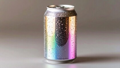 Iridescent Soda Can with Condensation Refreshing Drink in Aluminum Packaging