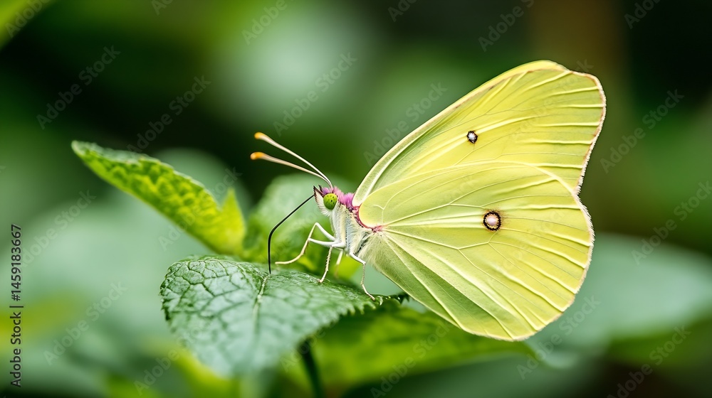 Poster close-up of a pale yellow butterfly perched delicately on a vibrant green leaf, its wings exhibiting