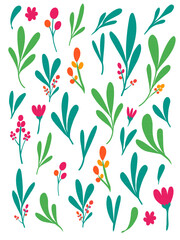 Hand drawn cute green leaf and red flower